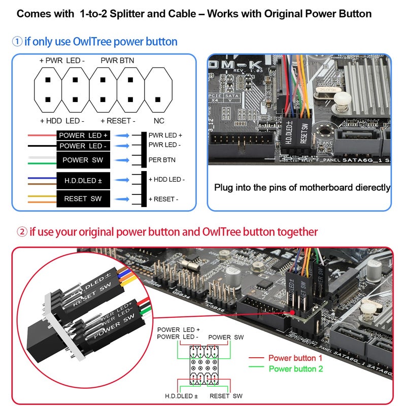OwlTree PC Power Button, Desktop Switch Splitter ON Off Reset SW HDD LED PC External Power Supply Button for Computer Motherboard - Image 2