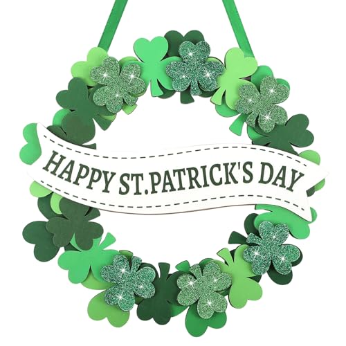 Sophena Wooden St. Patrick's Day Decoration Shamrock Door Wreath for Front Door Sign Wall Signs Clover Spring Decoration, Irish Sign Welcome Hanging for Home Decor Party Outdoor Indoor Supply 3D Glitter - Image 1