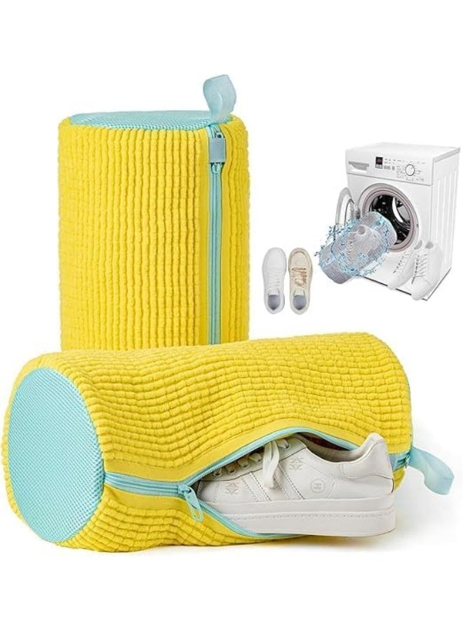 كيس غسيل الأحذية للغسالة، شبكة متينة باللون الأصفر بسحاب لحماية الأحذية الرياضية - Image 1