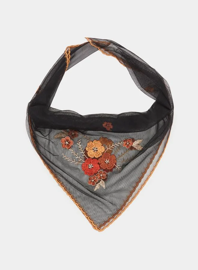 Embroidered Floral Mesh Bandana Scarf
