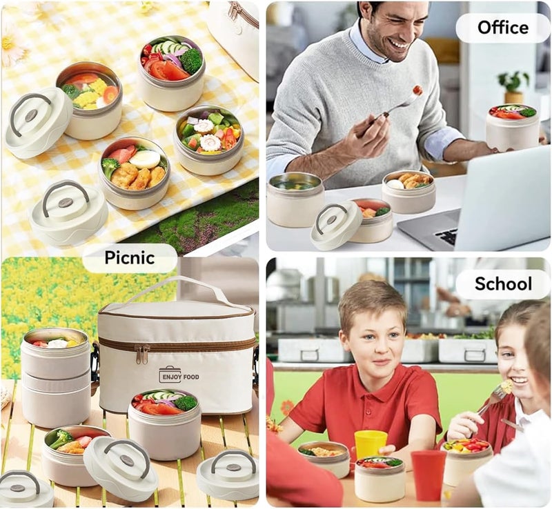 TDOO Microwavable Thermal Lunch Box, Portable Insulated Lunch Containers With Bag, Leakproof Stackable Stainless Steel Food Container For Adults, Kids, Set of 3 Tier Insulated Bento Boxes (beige-c-ae) - Image 4