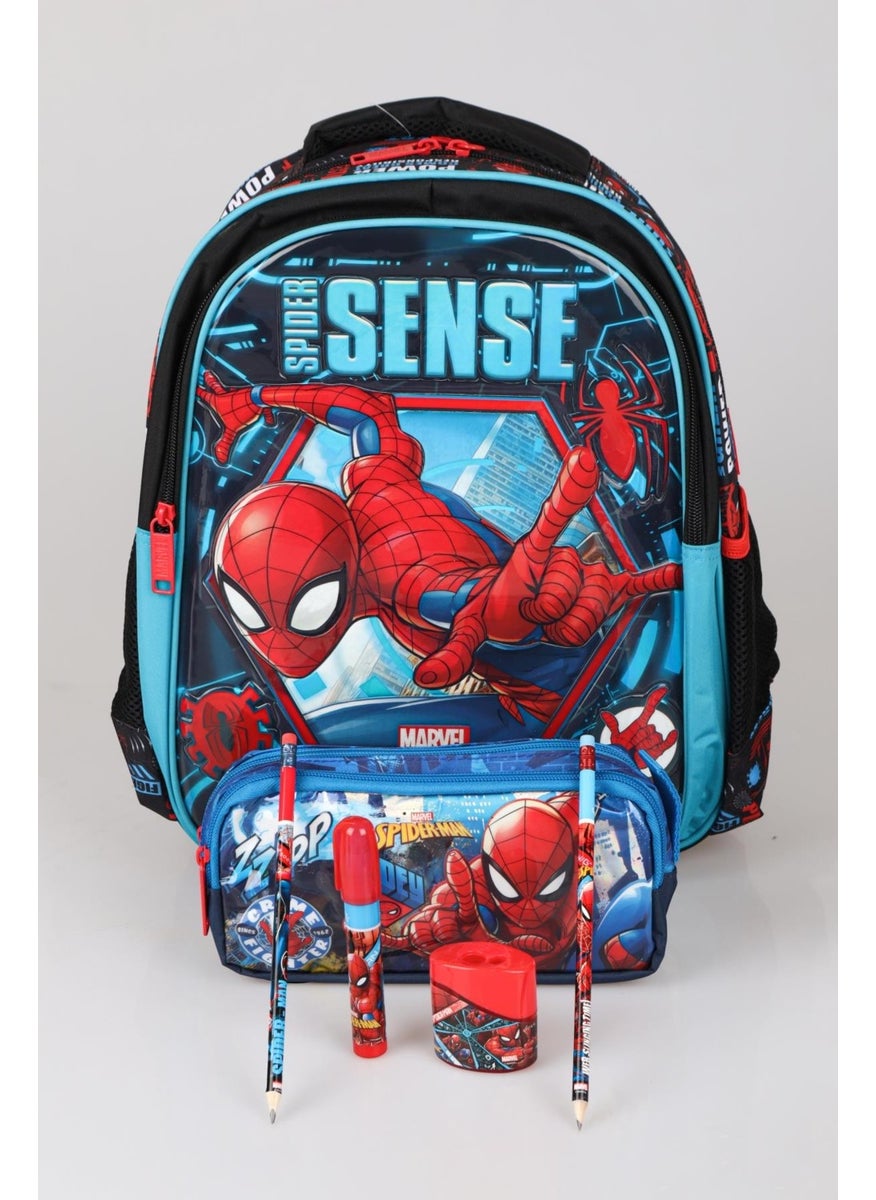 SPIDERMAN Licensed School Bag Pencil Bag 2 Pieces Pencils with Erasers Double Blade Sharpener and Rocket Eraser Stationery Set  - Image 1