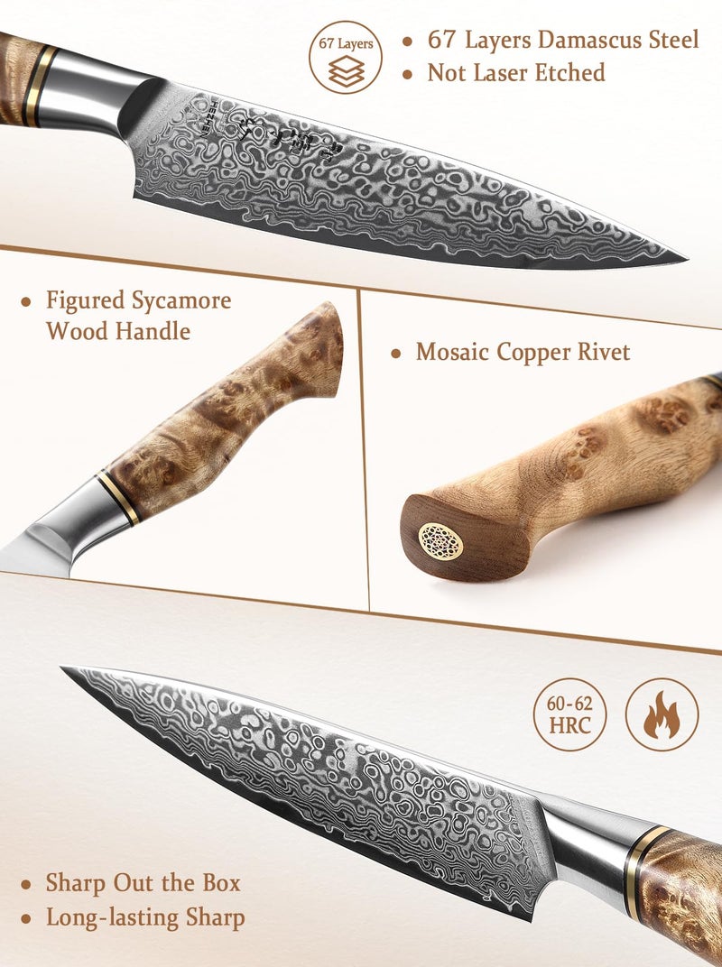 HEZHEN 5 inch Utility Knife with Razor Sharp- Damascus Steel with Rose Pattern Multifunctional VG10 Professional Paring-Fruit knife- Master Series Ergonomic Figured Sycamore Wood Handle - Image 2
