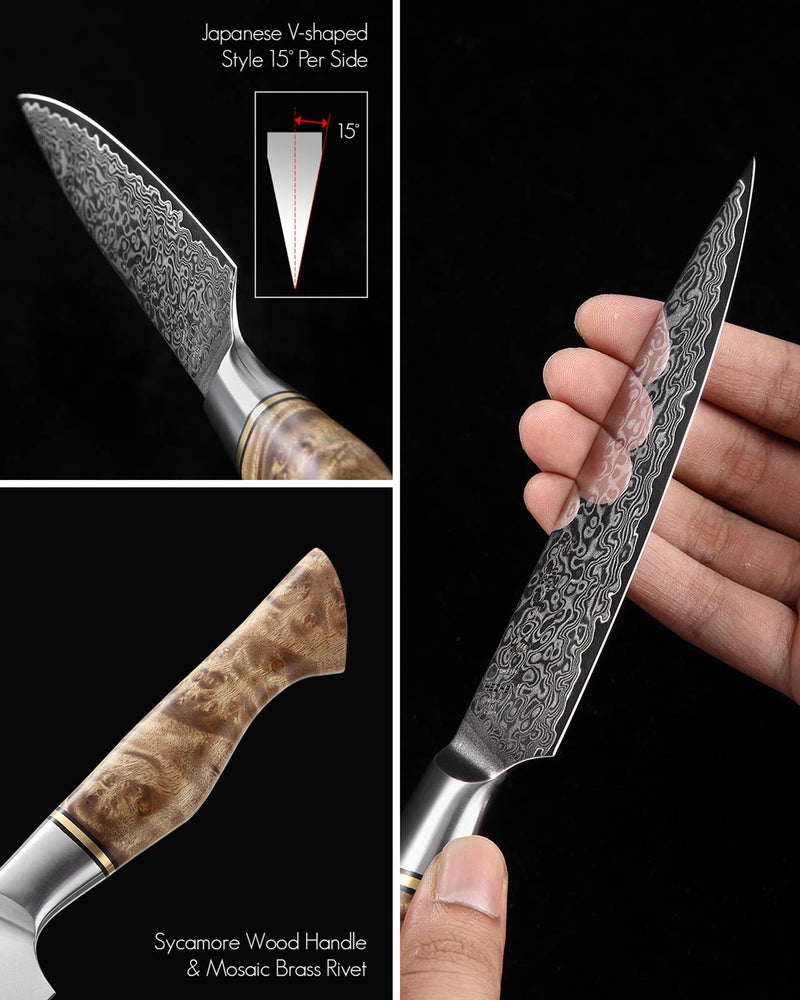 HEZHEN 5 inch Utility Knife with Razor Sharp- Damascus Steel with Rose Pattern Multifunctional VG10 Professional Paring-Fruit knife- Master Series Ergonomic Figured Sycamore Wood Handle - Image 5