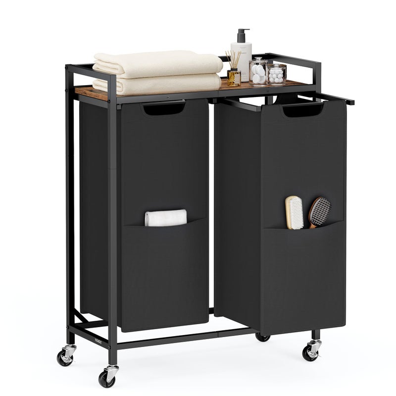 VASAGLE Laundry Sorter, 29 Gal. (110 L) Laundry Hamper Basket with 2 Compartments, Rolling Cart with Wheels, Shelf, Removable Bags, Pockets, Ink Black and Rustic Brown UBLH021B01 - Image 1