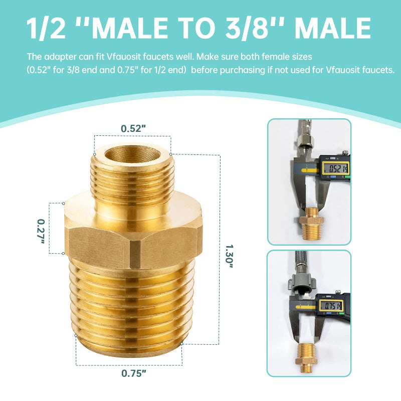 VFAUOSIT 1/2 To 3/8 Reducer Vfauosit 3/8 To 1/2 Rv Faucet Adapter Brass Compression Fitting Faucet Supply Line Adapter For Plumbing Water Hose 2 Pieces - Image 3
