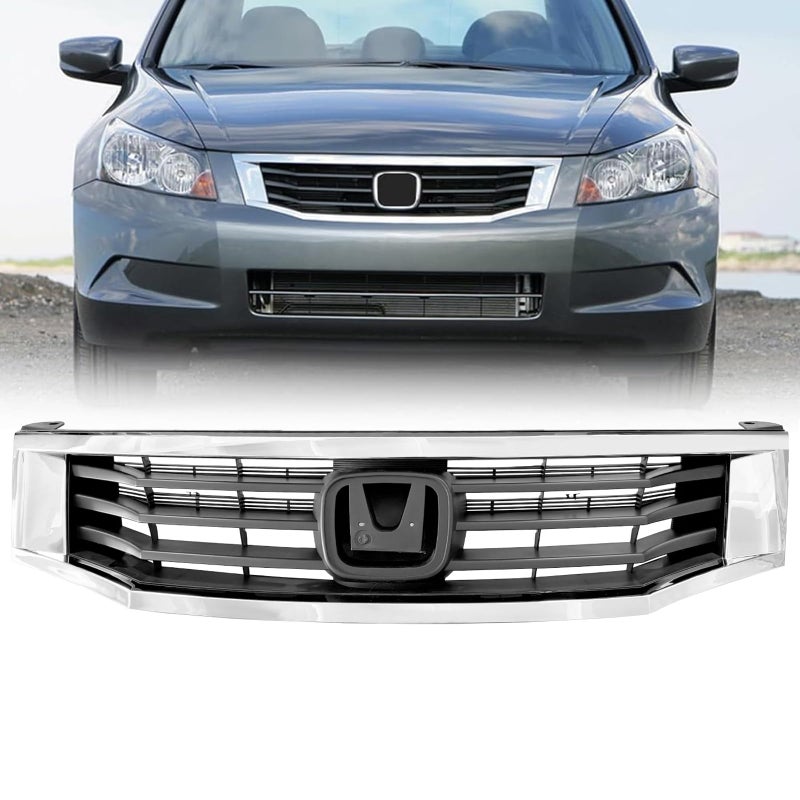 MATMACRO Front Grill Compatible For Honda Accord Grille 2008 2009 2010 Black with Chrome Molding Bumper Upper Grill