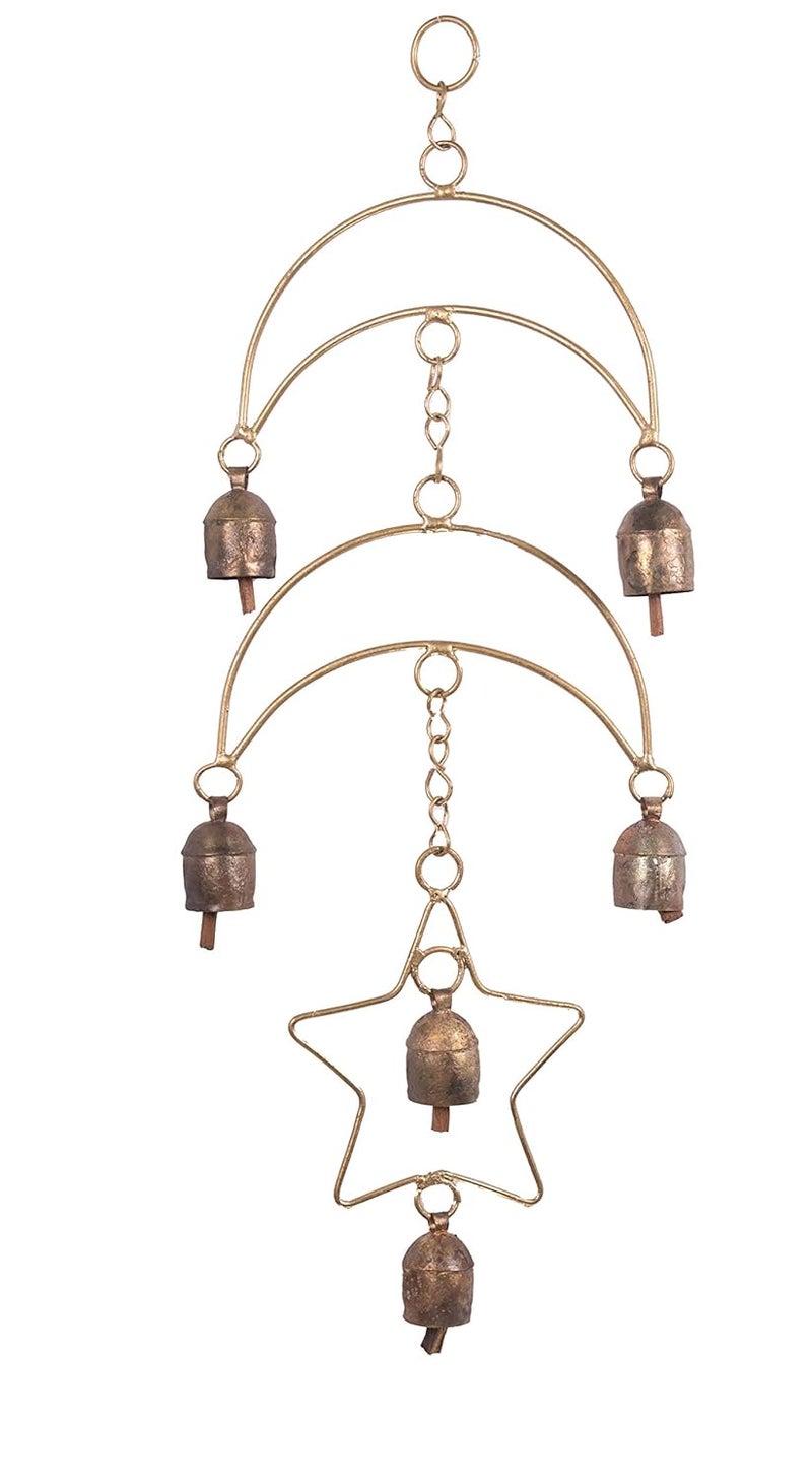 Ethnics of Kutch Ethnics of Kutch Hand Made Metal Bells Wrought Iron CopperZinc Coated Home Dcor Chimes Cow Bell Moon and Star 6 Bells 49 cms Length Colour Copper BEL0048