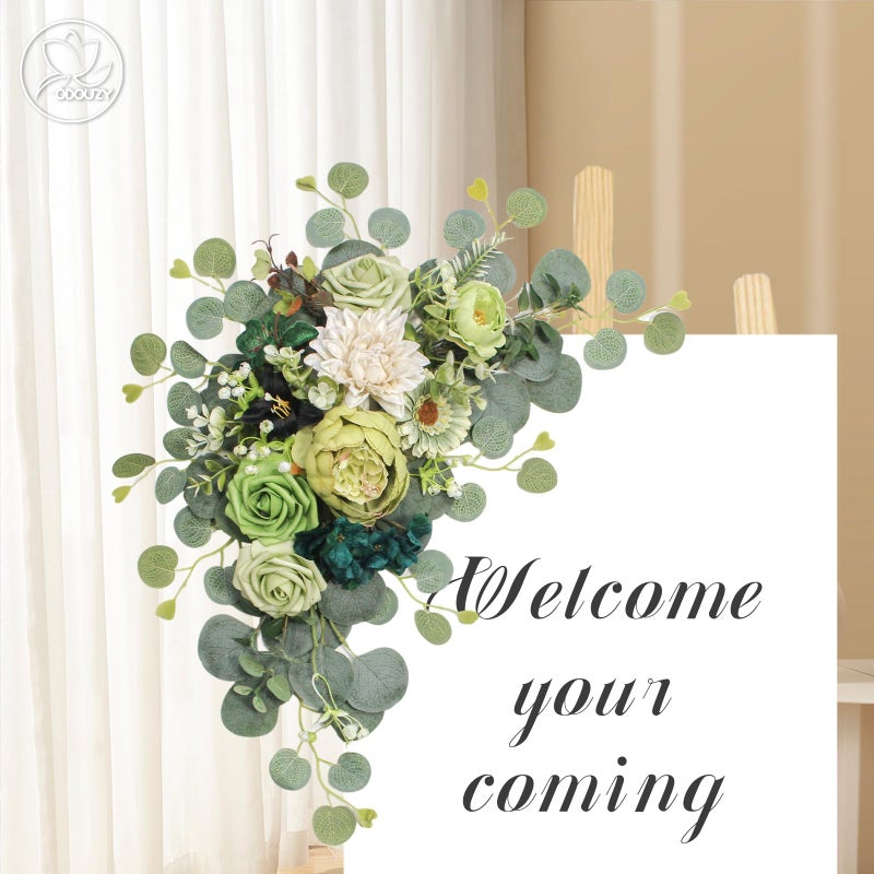 Odouzy Artificial Wedding Arch Flowers For Wedding Sign Set Of 2 For Wedding Welcome Ceremony Sign Faux Floral Swags Wedding  Banquet And Reception Backdrop Floral Decoration (Dark Green) - Image 3