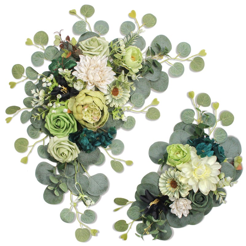 Odouzy Artificial Wedding Arch Flowers For Wedding Sign Set Of 2 For Wedding Welcome Ceremony Sign Faux Floral Swags Wedding  Banquet And Reception Backdrop Floral Decoration (Dark Green) - Image 1