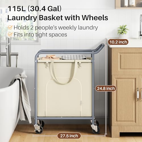 Branwick Laundry Basket with Wheels,150L Large Rolling Laundry Hamper, Heavy-Duty Laundry Cart Sturdy Metal Frame with Handle, Minimizes Bending Easy Access Clothing for Bedroom, Bathroom, Laundry Room (Beige) - Image 2