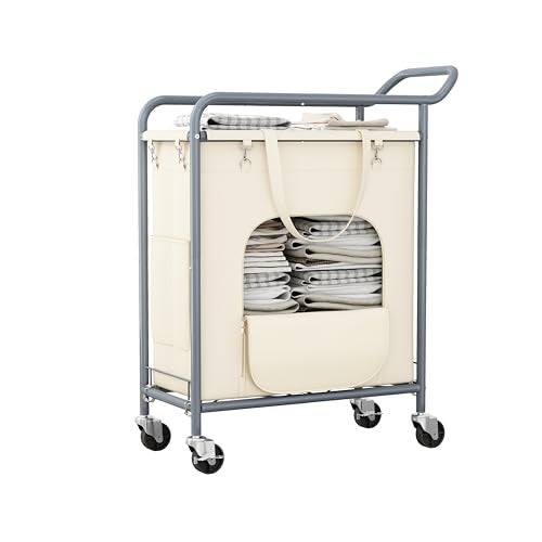 Branwick Laundry Basket with Wheels,150L Large Rolling Laundry Hamper, Heavy-Duty Laundry Cart Sturdy Metal Frame with Handle, Minimizes Bending Easy Access Clothing for Bedroom, Bathroom, Laundry Room (Beige) - Image 1