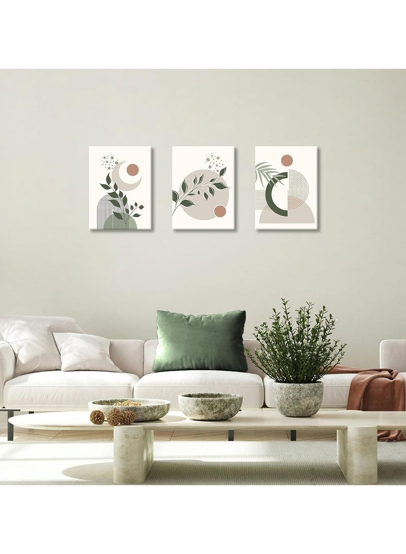 INSIJAM Set Of 3 Canvas Wall Arts Stretched Boho Framed Canvas Wall Art for Bedroom Modern Aesthetic Green Botanical Wall Pictures Mid Century Geometric Home Decor Canvas Painting Wall Decor for Living Room Office Ready to Hang - Image 1
