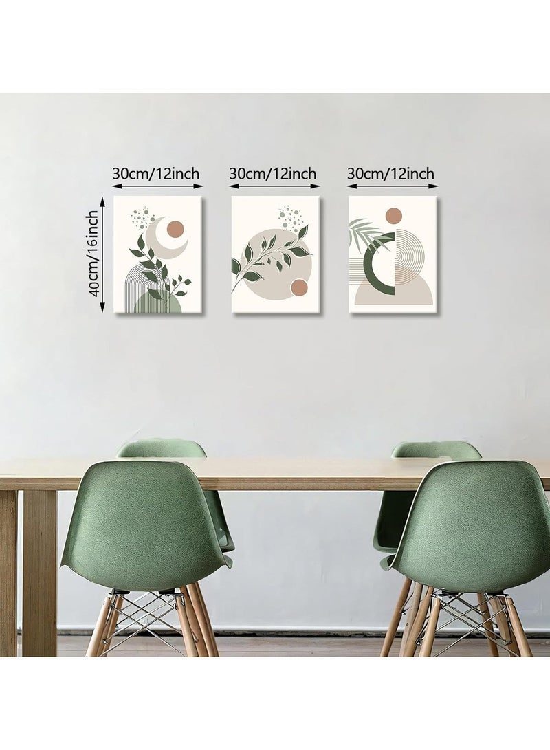 INSIJAM Set Of 3 Canvas Wall Arts Stretched Boho Framed Canvas Wall Art for Bedroom Modern Aesthetic Green Botanical Wall Pictures Mid Century Geometric Home Decor Canvas Painting Wall Decor for Living Room Office Ready to Hang - Image 3