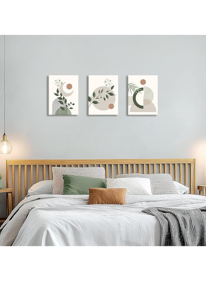 INSIJAM Set Of 3 Canvas Wall Arts Stretched Boho Framed Canvas Wall Art for Bedroom Modern Aesthetic Green Botanical Wall Pictures Mid Century Geometric Home Decor Canvas Painting Wall Decor for Living Room Office Ready to Hang - Image 2
