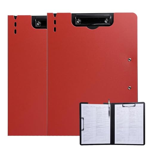 FRETONBA Clipboard Folder, 2 Pcs A4 Foldable Clipboard with Horizontal and Vertical Double Metal Clips, 360 Degree Foldable Binder Clipboards with Pen Holder, File Cover Work Folder Clipboards, Red - Image 1