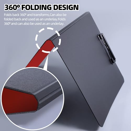 FRETONBA Clipboard Folder, 2 Pcs A4 Foldable Clipboard with Horizontal and Vertical Double Metal Clips, 360 Degree Foldable Binder Clipboards with Pen Holder, File Cover Work Folder Clipboards, Red - Image 4