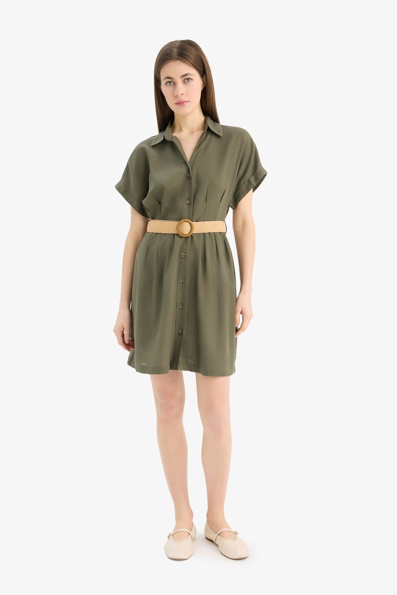 DeFacto Green Woman Shirt Collar Linen Blended Batwing Mini Dress Casual - Image 1