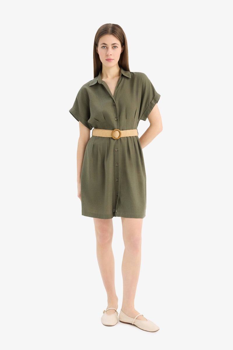 DeFacto Green Woman Shirt Collar Linen Blended Batwing Mini Dress Casual - Image 2