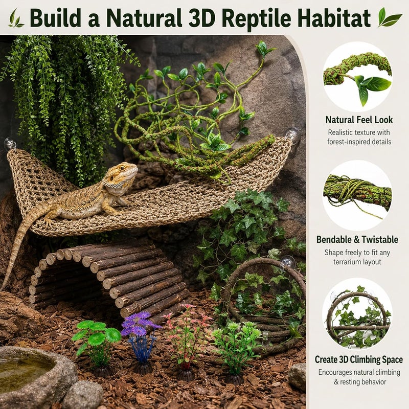 RUNANIA 10Pcs Bearded Dragon Tank Accessories, Reptile Hammock Plants Bridge Jungle Climber Vines for Snakes Bearded Dragon Chameleon Gecko Lizard - Image 4