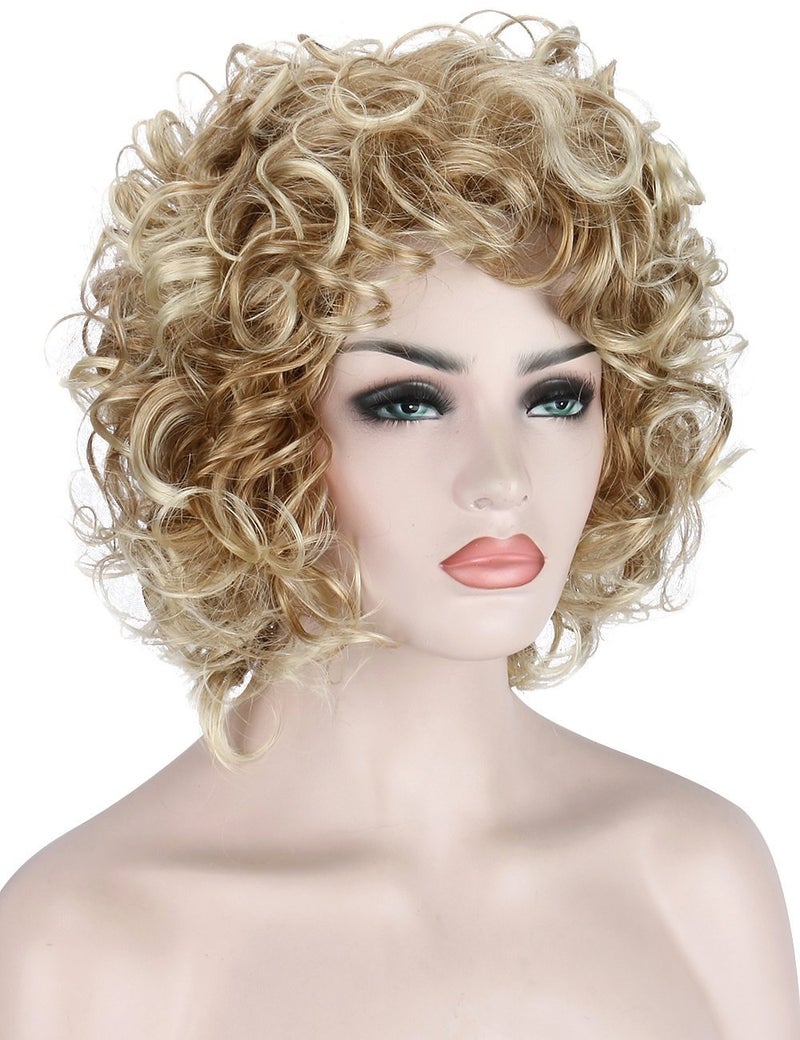 Kalyss Short Curly Wavy Blonde Wigs for Women Heat Resistant Synthetic Full Head Hair Costume Wig Natural Looking 130 Density Hairpiece