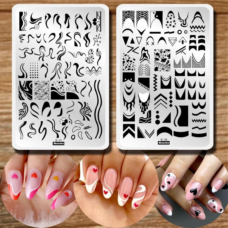 Swirl French Line Nail Stamping Plates French Tip Nail Stamp Plate Geometric Wave Stripes Snake Flower Nail Art Stamper Stencils Printing Template 2pcs Large Stainless Steel Nail Art Tools 14595cm