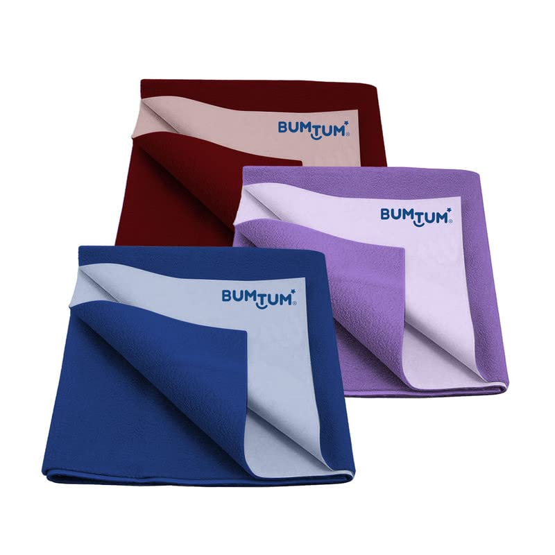 Bumtum Baby Dry Sheet Waterproof Quick Soft Fleece Baby Bed Protector | Anti - Bacterial|Extra Absorbant, Reuseable & Washable (Maroon + Lilac + Royal Blue Combo, Medium Size, 100 * 70cm, Pack of 3) - Image 1