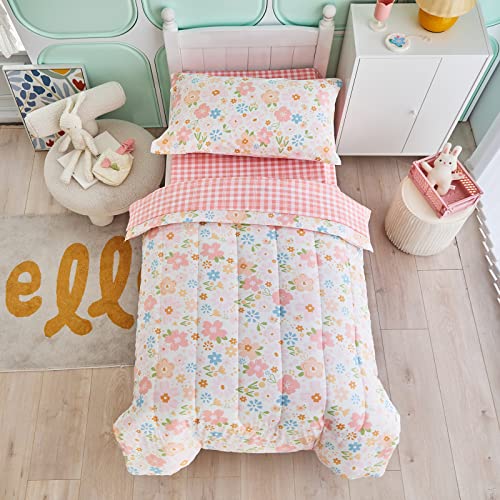 Joyreap 4 Piece Cotton Toddler Bedding Set for Girls, Pink Flowers Design, Soft n Breathable Cotton Toddler Comforter Set, Includes Quilted Comforter, Fitted Sheet, Top Sheet, and Pillow Case - Image 3