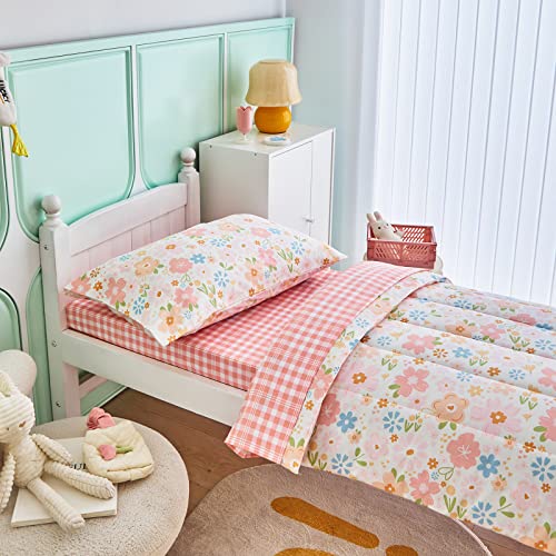 Joyreap 4 Piece Cotton Toddler Bedding Set for Girls, Pink Flowers Design, Soft n Breathable Cotton Toddler Comforter Set, Includes Quilted Comforter, Fitted Sheet, Top Sheet, and Pillow Case - Image 4
