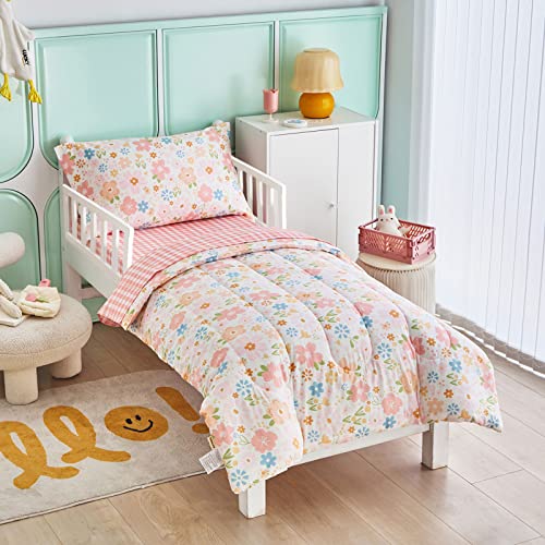 Joyreap 4 Piece Cotton Toddler Bedding Set for Girls, Pink Flowers Design, Soft n Breathable Cotton Toddler Comforter Set, Includes Quilted Comforter, Fitted Sheet, Top Sheet, and Pillow Case - Image 2