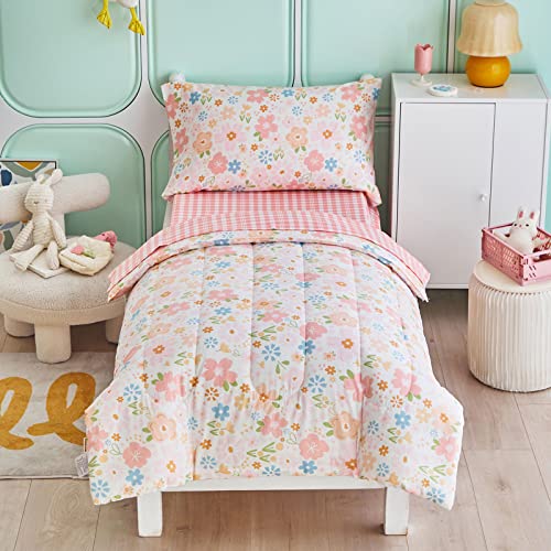 Joyreap 4 Piece Cotton Toddler Bedding Set for Girls, Pink Flowers Design, Soft n Breathable Cotton Toddler Comforter Set, Includes Quilted Comforter, Fitted Sheet, Top Sheet, and Pillow Case - Image 1