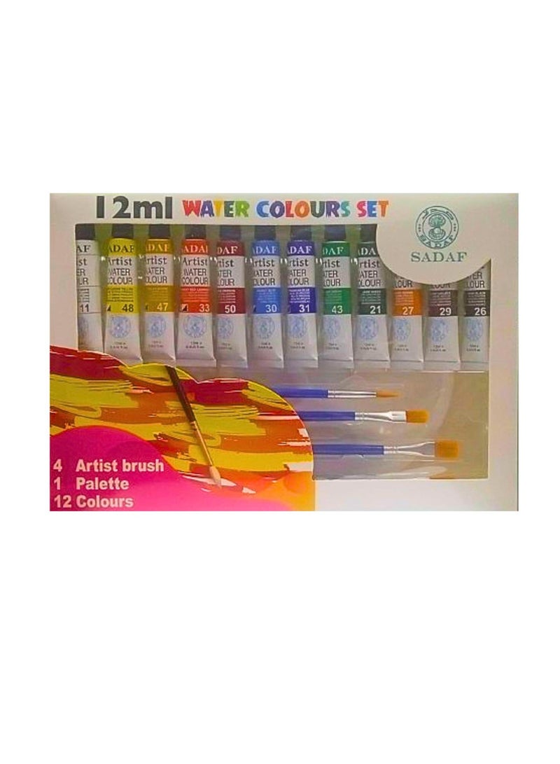 Sadaf Water Colors Set 12ml 12 Colors With Brushes And Plastic Palette - Image 2