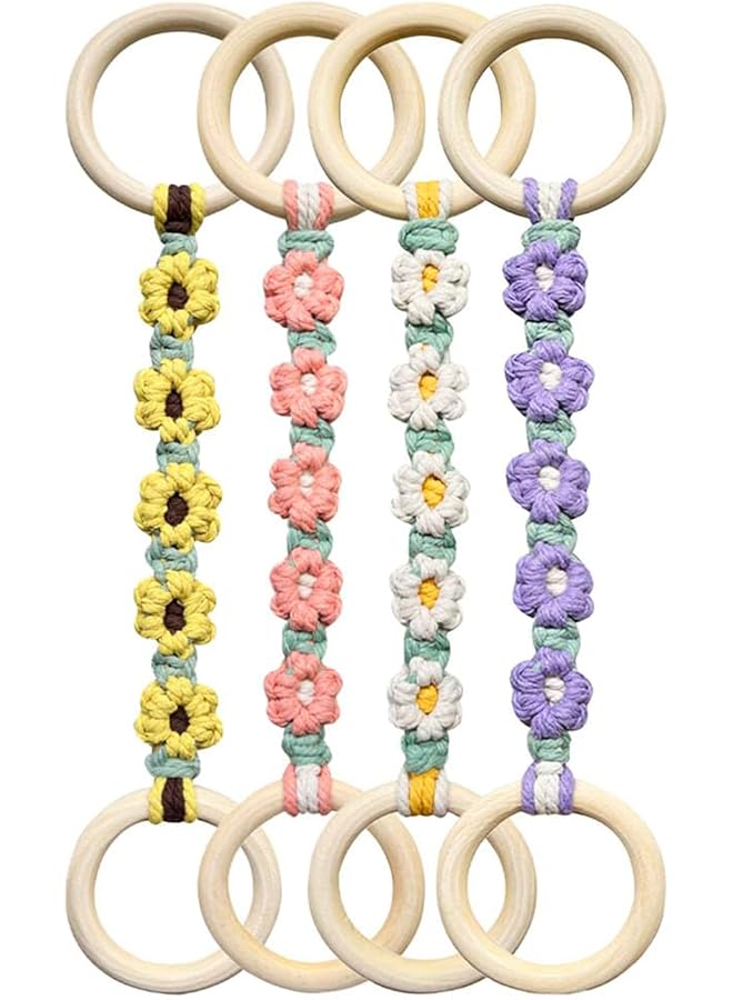 Daisy Flower Macrame Towel Holder Ring, Kitchen Dish Towel Holders with Wood Hanging Loop, Handmade Flower Dish Towel Holder Crochet Towel Holders Rings for Kitchen Oven Stove Bathroom, 4Pcs