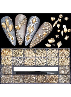 CESUSME 4880Pcs Champagne Rhinestones for Nails, Gold Crystal Nail Rhinestones Round Beads Flatback Glass Gems Stones, Multi Shapes Rhinestones 3D Nail Crystals for Nail Art DIY Crafts Clothes Shoes Jewelry 