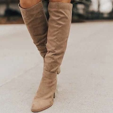2020 Knee-High Boots Slim Velvet Womens Chunky Heel Autumn Winter Apricot 