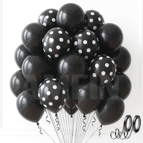 AMFIN (Pack of 25) Polka Dot Black & Solid Latex Black Party Balloons – Birthday Wedding, Baby Shower, Anniversary, Graduation, Halloween, New Year Decorations - Image 1