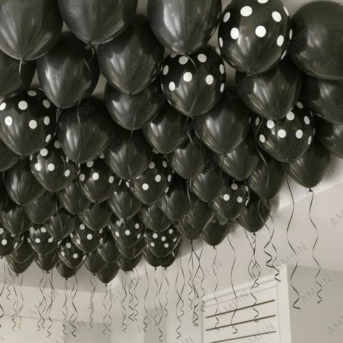 AMFIN (Pack of 25) Polka Dot Black & Solid Latex Black Party Balloons – Birthday Wedding, Baby Shower, Anniversary, Graduation, Halloween, New Year Decorations - Image 5