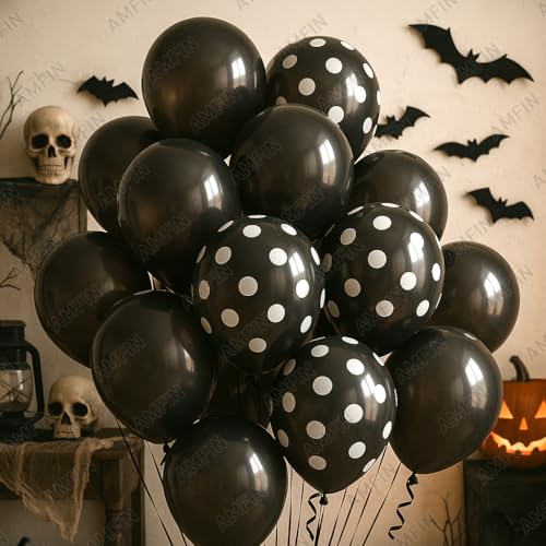 AMFIN (Pack of 25) Polka Dot Black & Solid Latex Black Party Balloons – Birthday Wedding, Baby Shower, Anniversary, Graduation, Halloween, New Year Decorations - Image 3