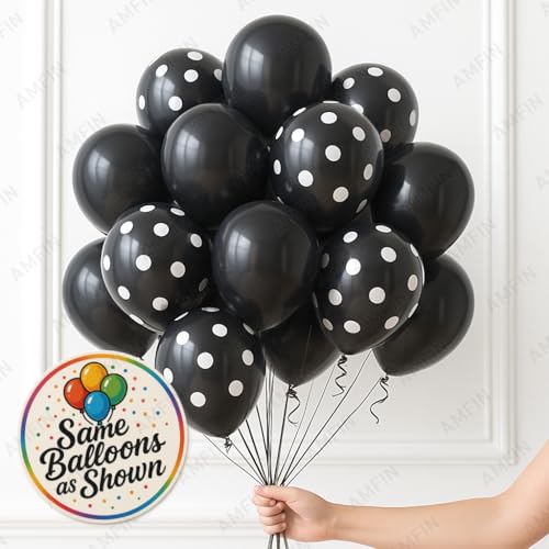 AMFIN (Pack of 25) Polka Dot Black & Solid Latex Black Party Balloons – Birthday Wedding, Baby Shower, Anniversary, Graduation, Halloween, New Year Decorations - Image 2