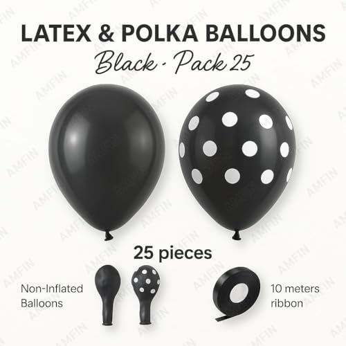 AMFIN (Pack of 25) Polka Dot Black & Solid Latex Black Party Balloons – Birthday Wedding, Baby Shower, Anniversary, Graduation, Halloween, New Year Decorations - Image 4