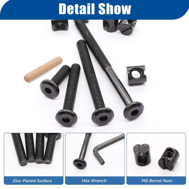 Taiss 16 Set Crib Screws M6x20mm/ 40mm/ 60mm/ 80mm Baby Bed Crib Bolts Hardware Replacement Kit,Hex Socket Cap Screws Bolt,Barrel Nuts&Dowel Pins for Beds Furniture - Image 3