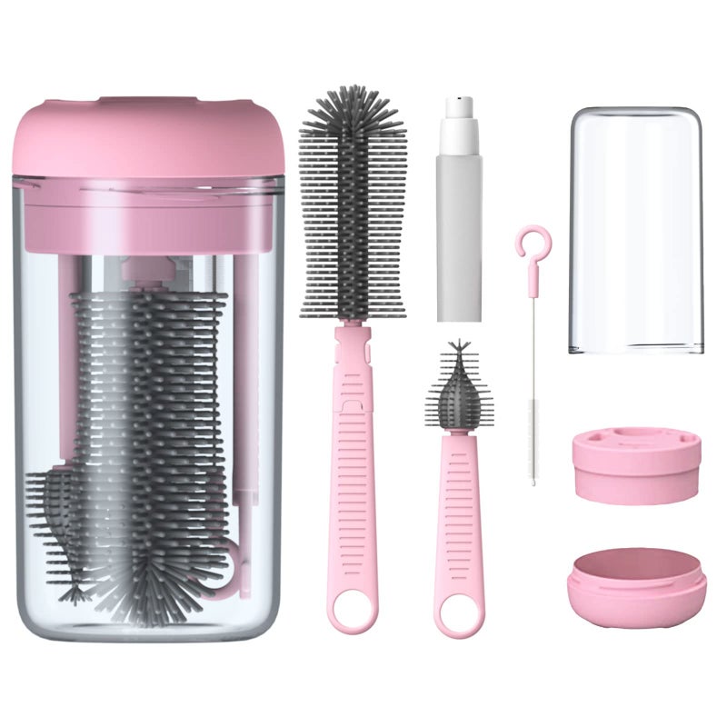 Augensterm Pink Silicone Baby Bottle Cleaner Kit - Bottle Brush Set, Drying Rack, Nipple & Straw Brushes, Soap Dispenser - Travel & Home Use - Image 1