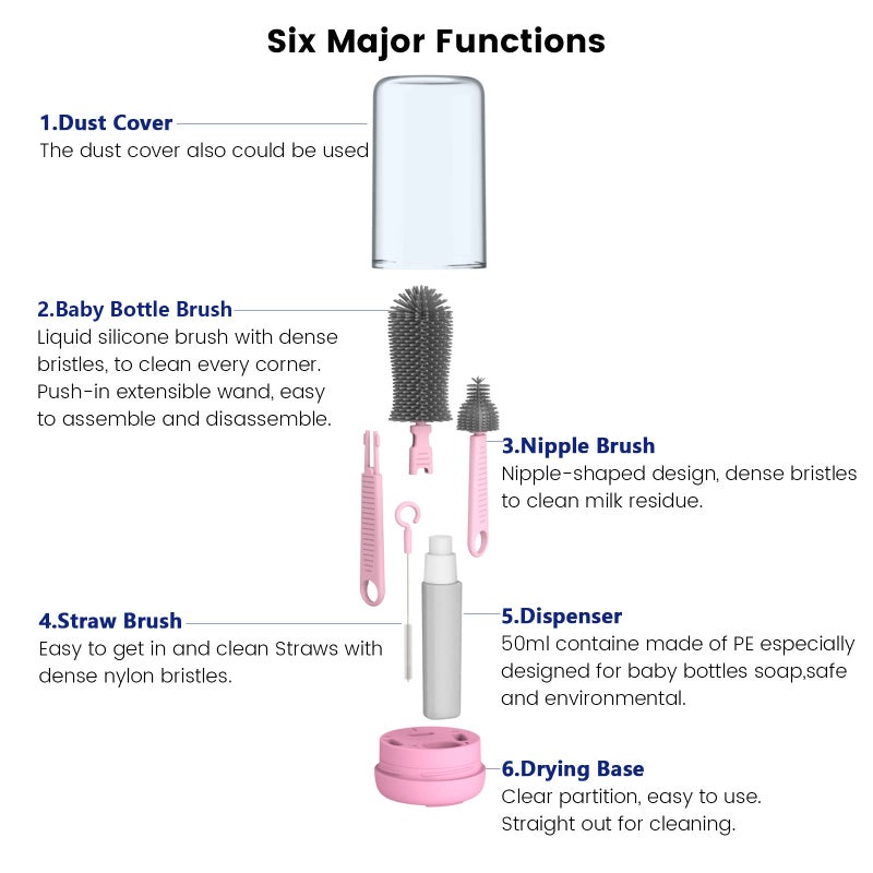 Augensterm Pink Silicone Baby Bottle Cleaner Kit - Bottle Brush Set, Drying Rack, Nipple & Straw Brushes, Soap Dispenser - Travel & Home Use - Image 2