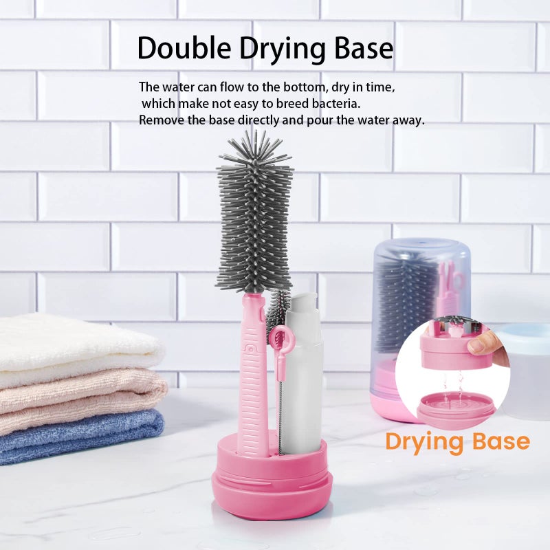 Augensterm Pink Silicone Baby Bottle Cleaner Kit - Bottle Brush Set, Drying Rack, Nipple & Straw Brushes, Soap Dispenser - Travel & Home Use - Image 4