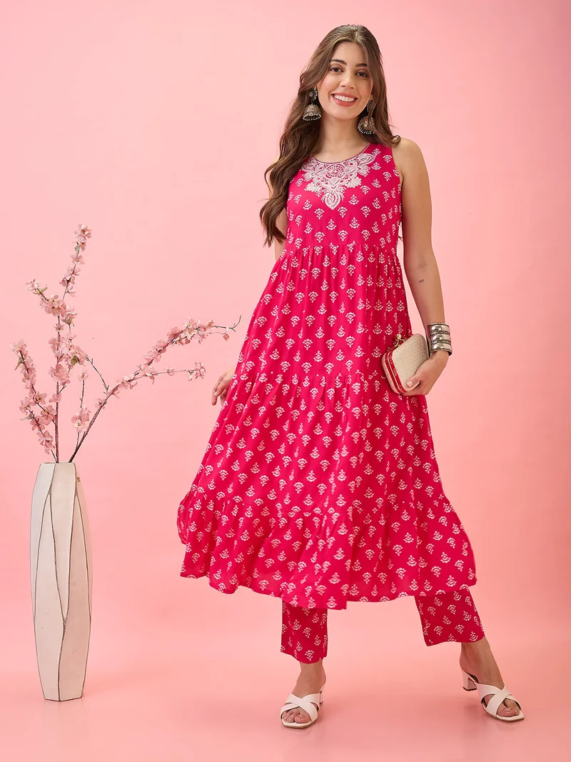 globus Women Embroidered Yoke Floral Print Tiered A-Line Festive Kurta & Pants Set