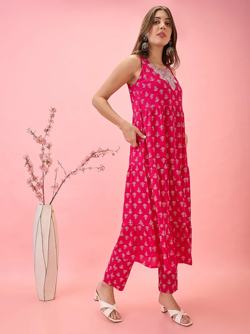 globus Women Embroidered Yoke Floral Print Tiered A-Line Festive Kurta & Pants Set