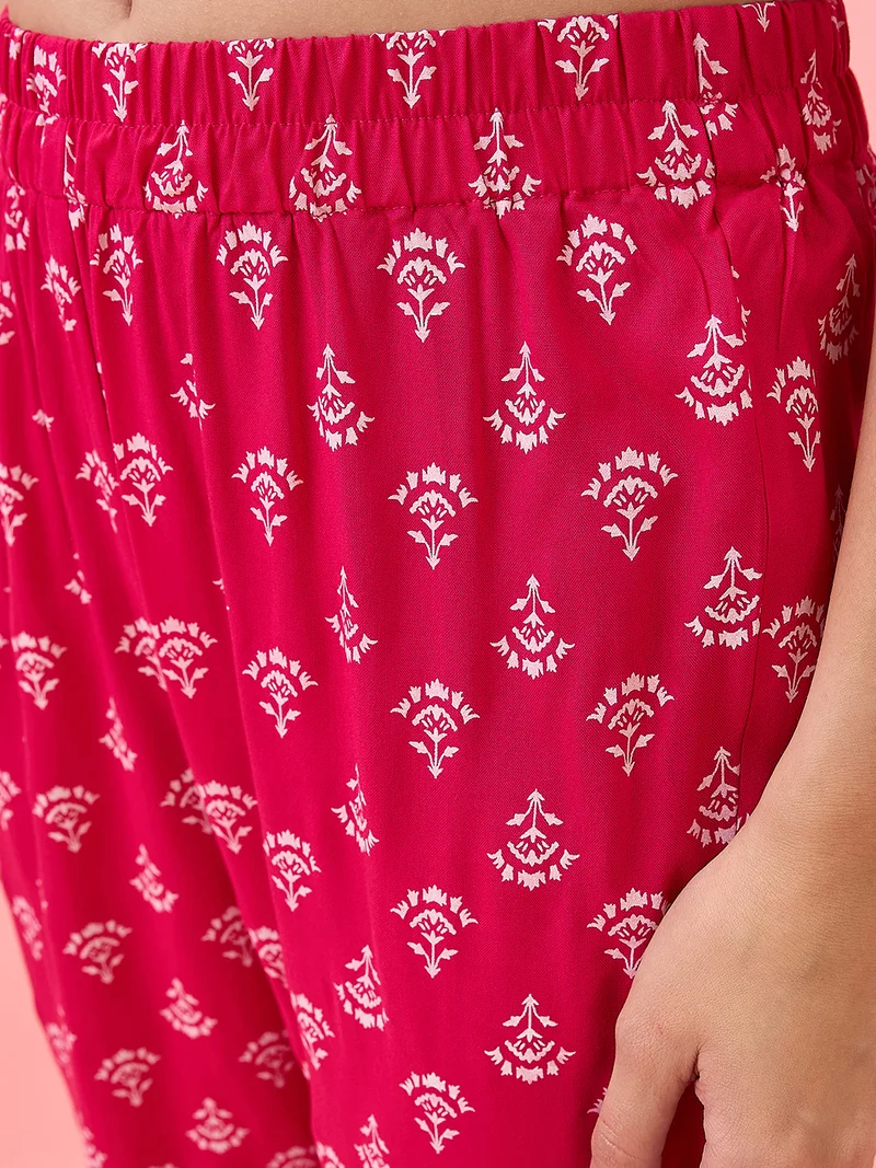 globus Women Embroidered Yoke Floral Print Tiered A-Line Festive Kurta & Pants Set