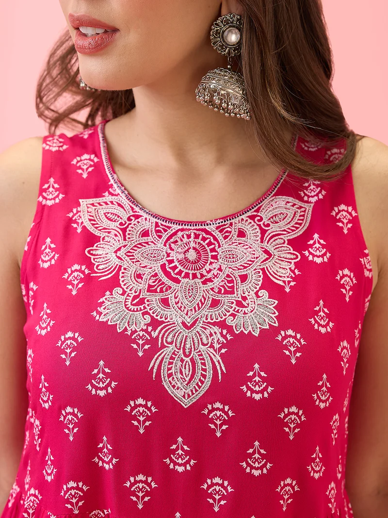 globus Women Embroidered Yoke Floral Print Tiered A-Line Festive Kurta & Pants Set