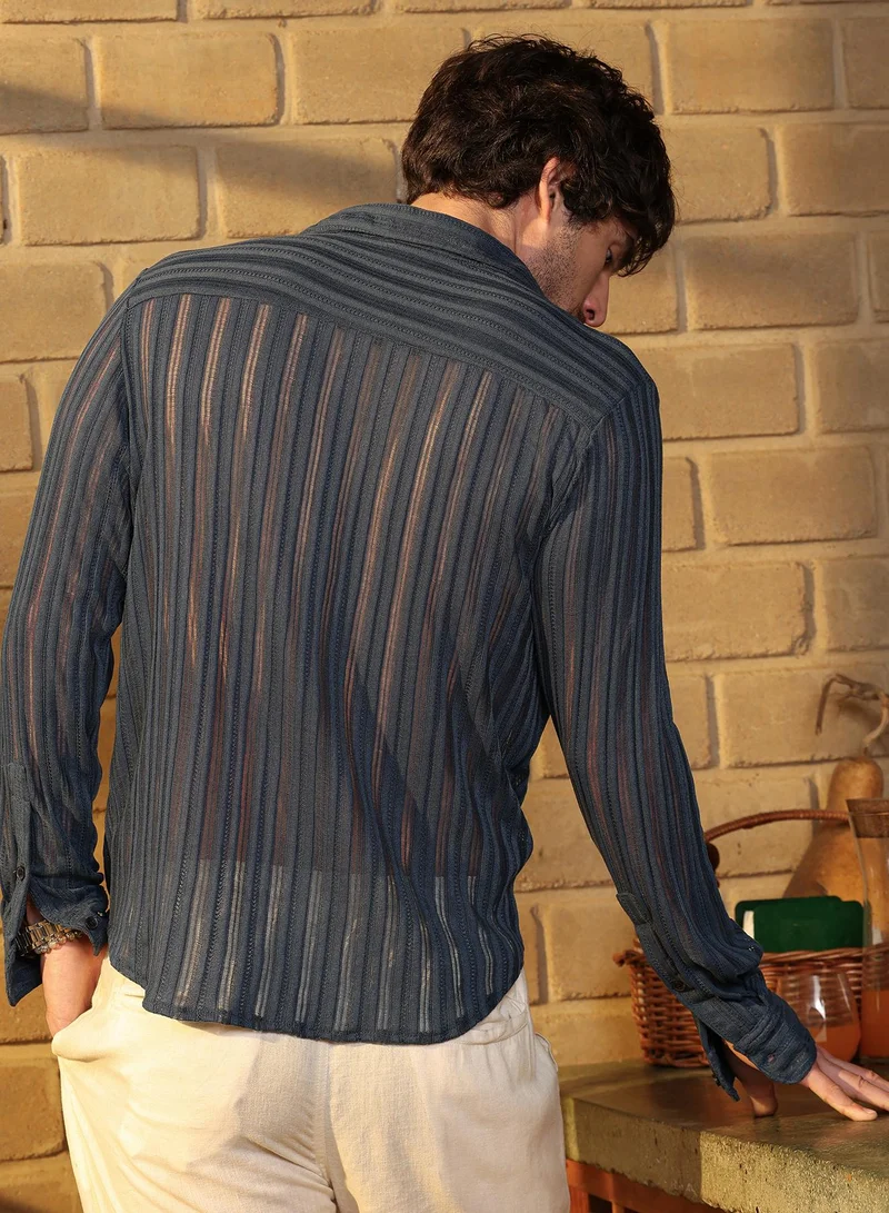 Campus Sutra  Men's Prussian Blue Panel Jacquard-Knit Shirt for Men | Best Price UAE