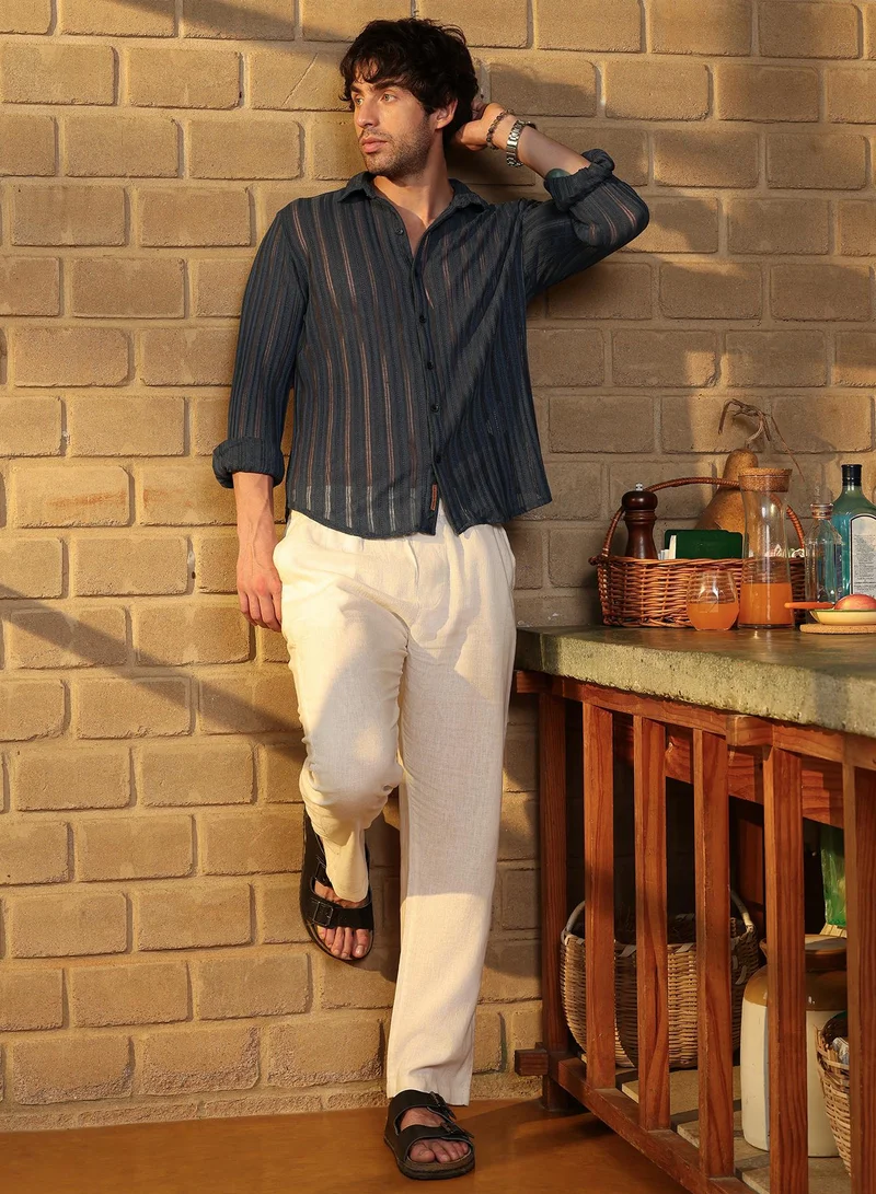 Campus Sutra  Men's Prussian Blue Panel Jacquard-Knit Shirt for Men | Best Price UAE